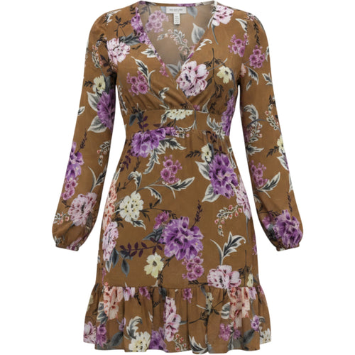 Angel Ribbons Floral Wrap Dress Brown Purple Ruffle Hem US 12 Feminine Modest