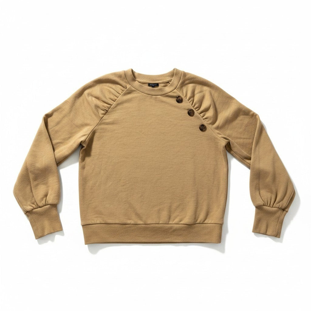 Who What Wear Womens L Tan Button Detail Sweatshirt Long Sleeve Casual Cozy Boho