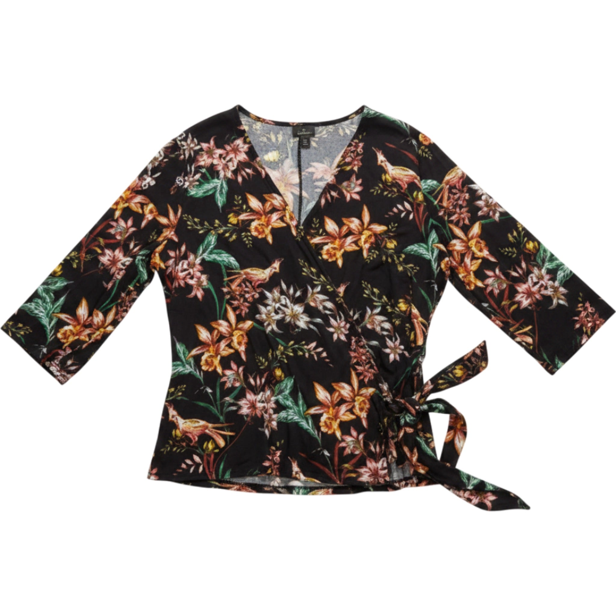 Worthington Blouse Womens 3X Floral Wrap Top Tie Waist V Neck Stretch Office