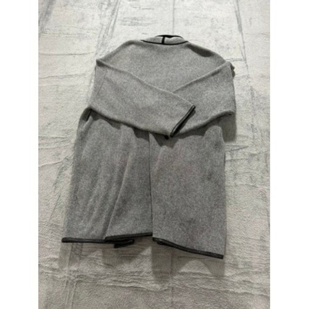 Chicos Grey Black Birds Eye Knit Open Front Cardigan Faux Leather Trim Size 2 L