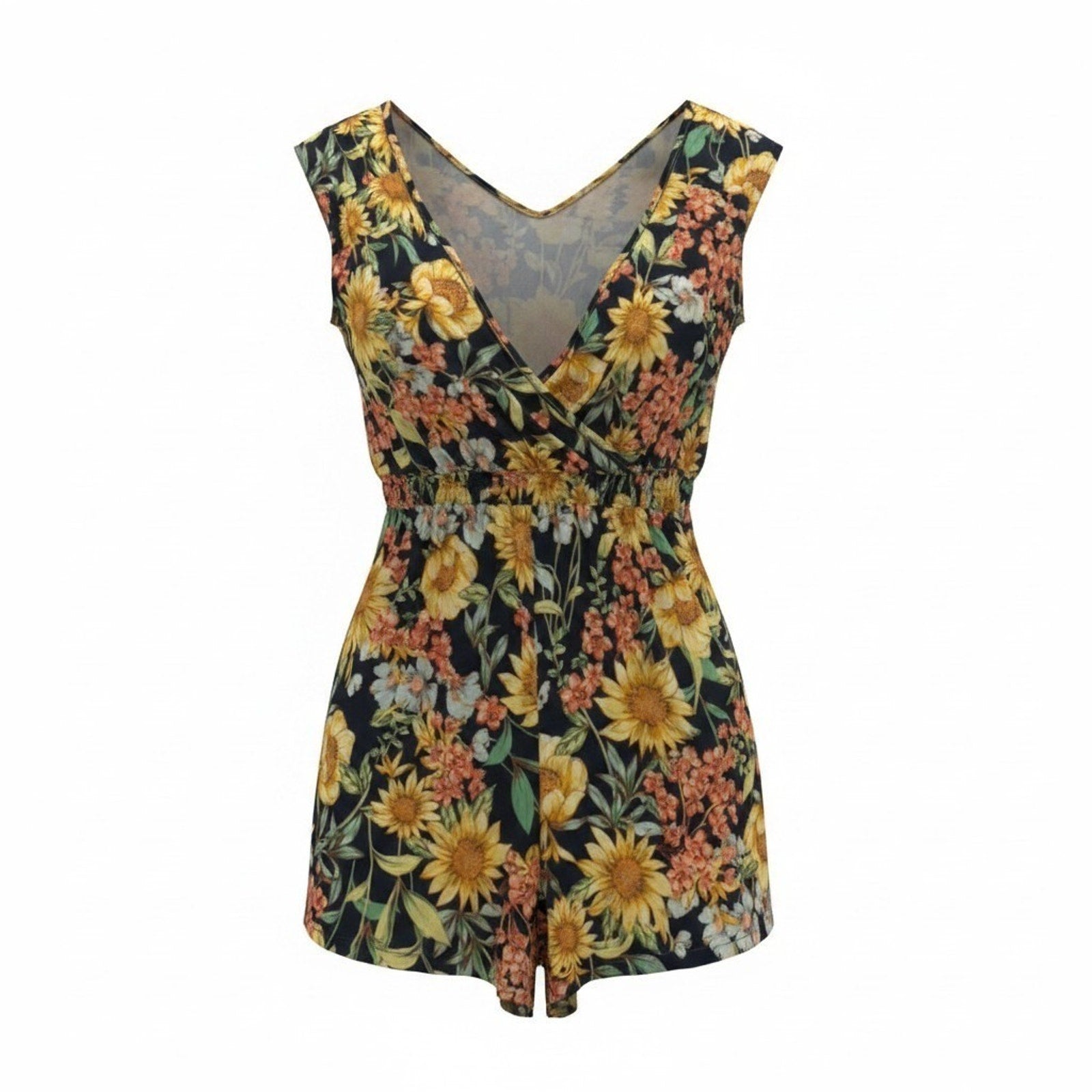 Maurices 24/7 Sunflower Floral Romper Sleeveless Smocked Waist Plus 1X NWT Boho