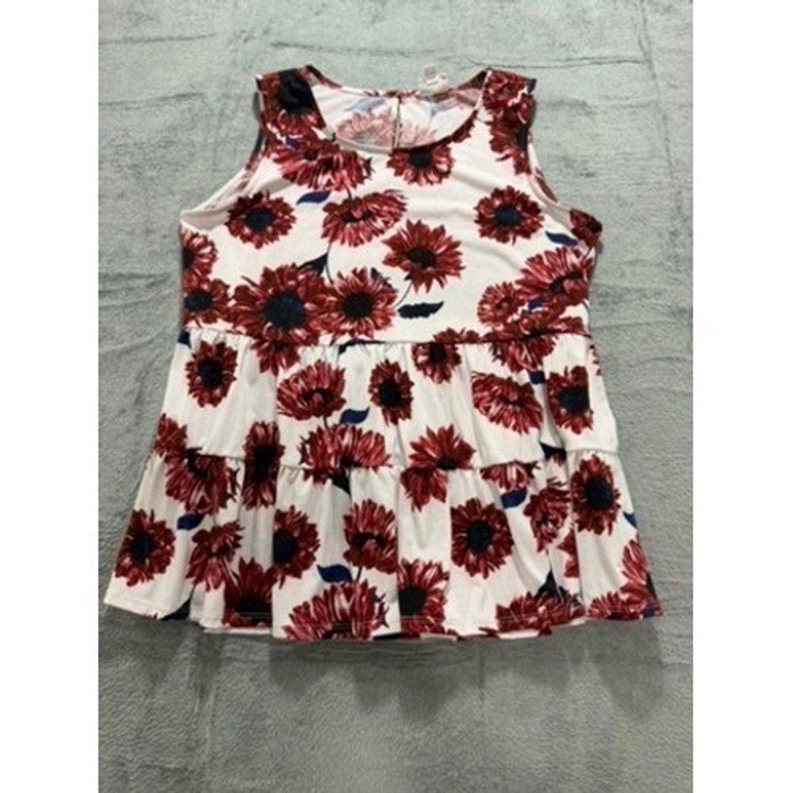LuLaRoe Womens Red Sunflower Floral Tiered Babydoll Sleeveless Top Large Boho