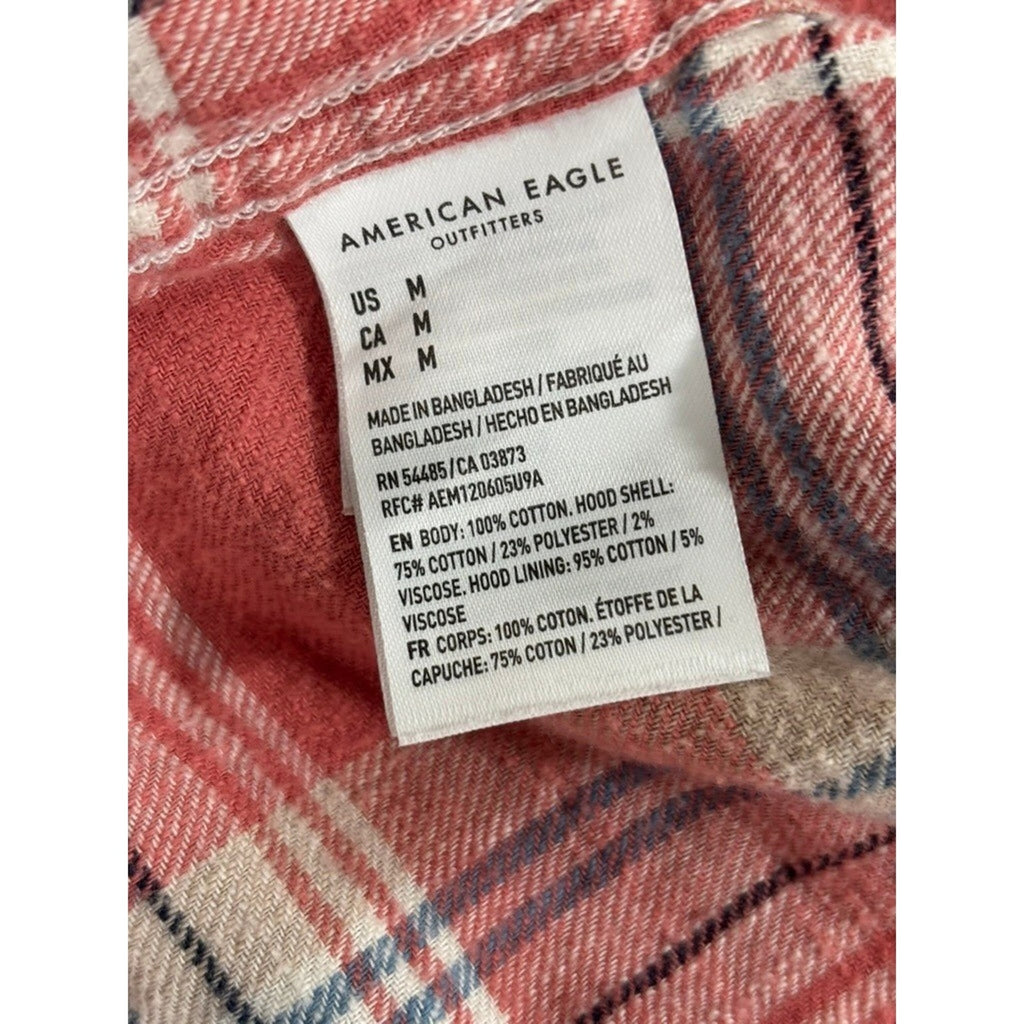 American Eagle Womens M Red Plaid Hooded Flannel Shirt Casual Vintage Cozy