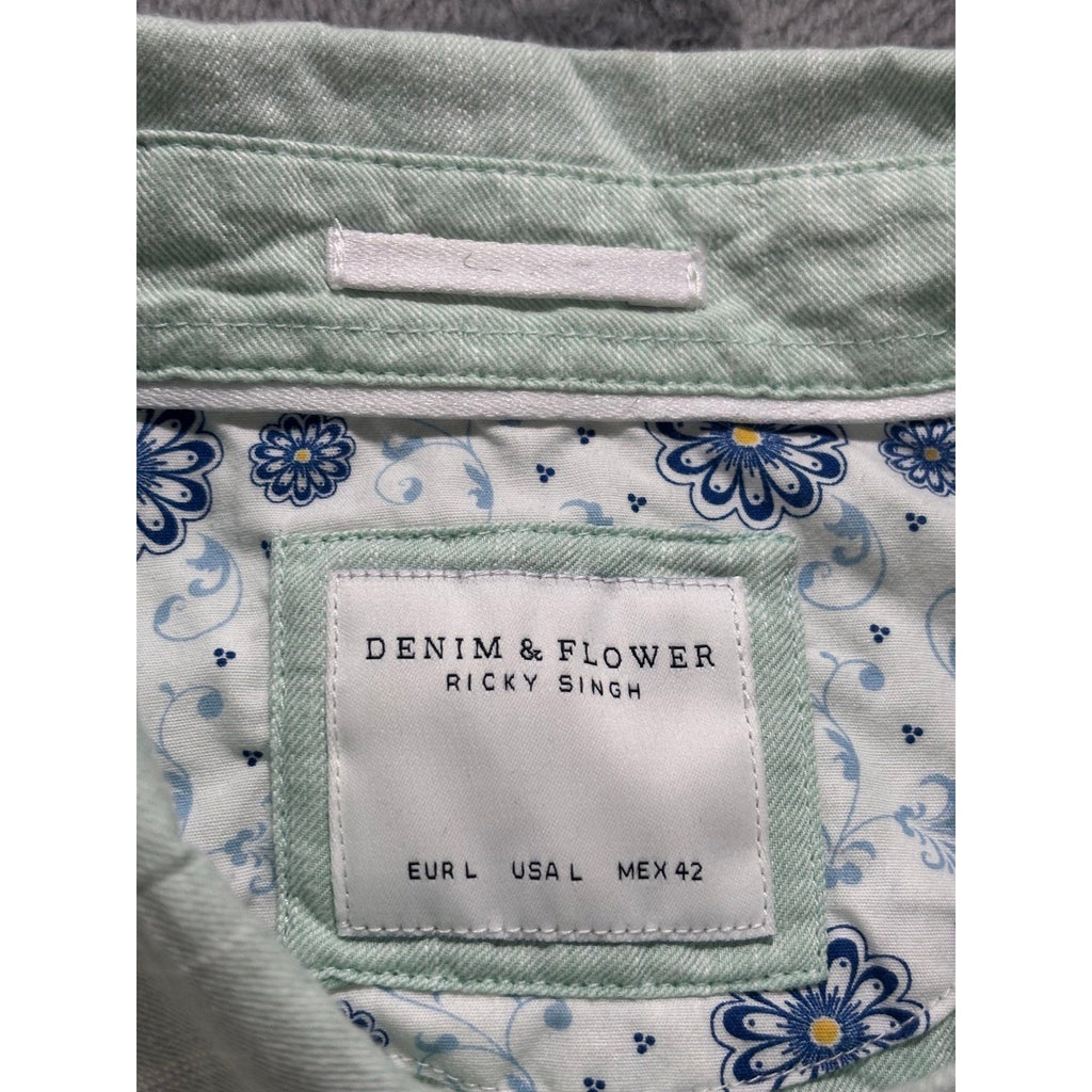 Denim & Flower L Mint Green Short Sleeve Button Down Shirt Casual Preppy Mens