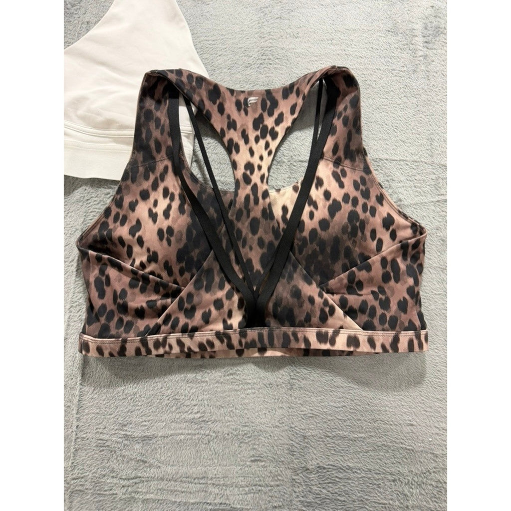 Fabletics Sports Bra Bundle Womens XXL White Leopard Print Racerback Strappy 2pc