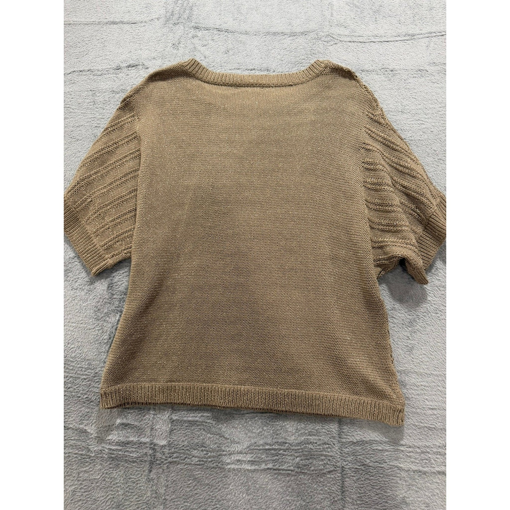 New York & Company Sweater Top Womens M Beige Open Knit Short Sleeve Metallic