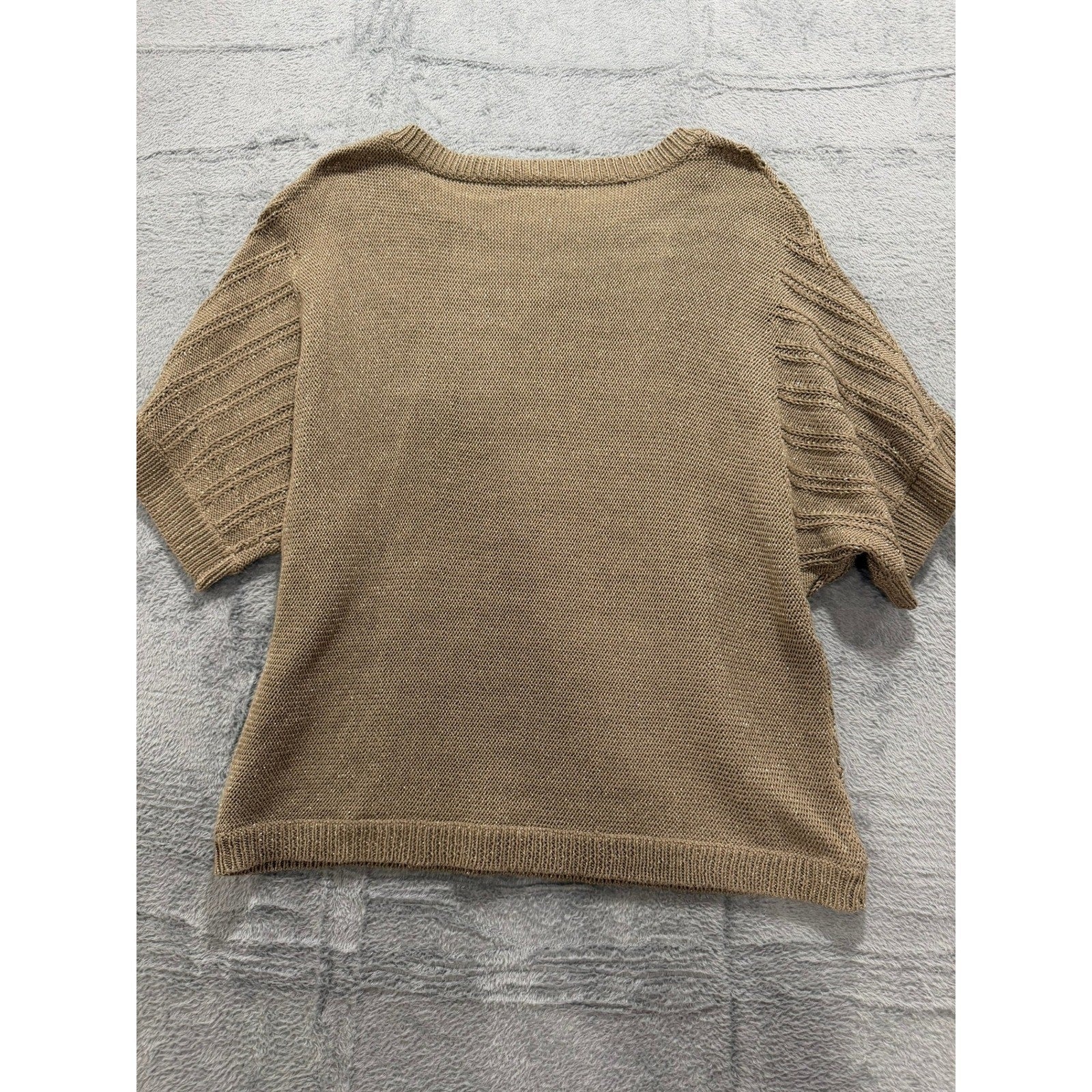 New York & Company Sweater Top Womens M Beige Open Knit Short Sleeve Metallic