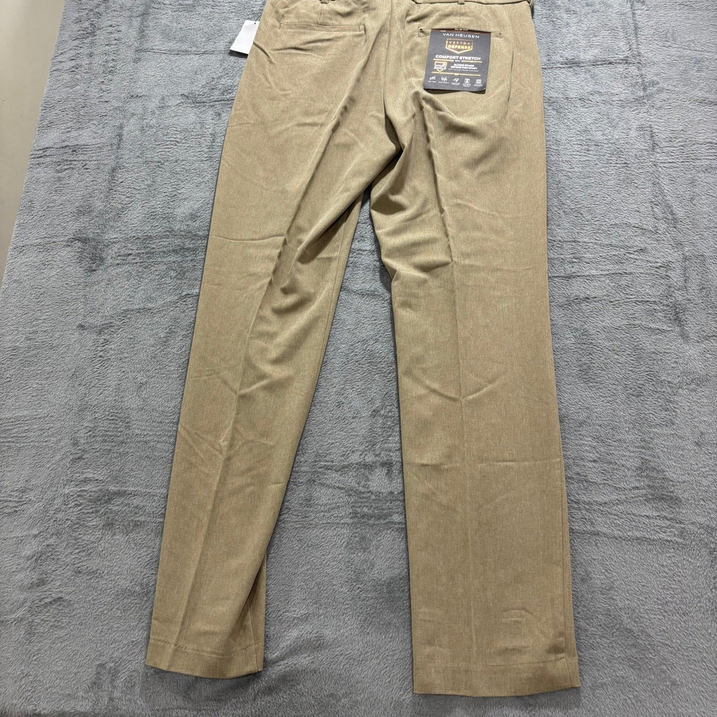 Van Heusen Mens 34x34 Tan Herringbone Slim Fit Flex Dress Pants Flat Front Chino