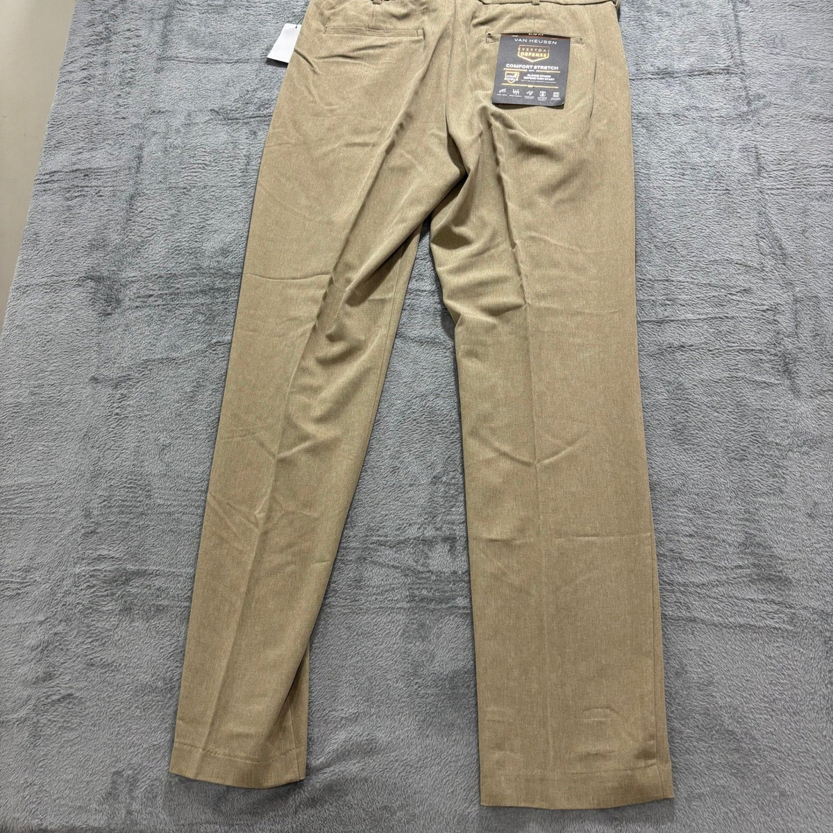 Van Heusen Mens 34x34 Tan Herringbone Slim Fit Flex Dress Pants Flat Front Chino