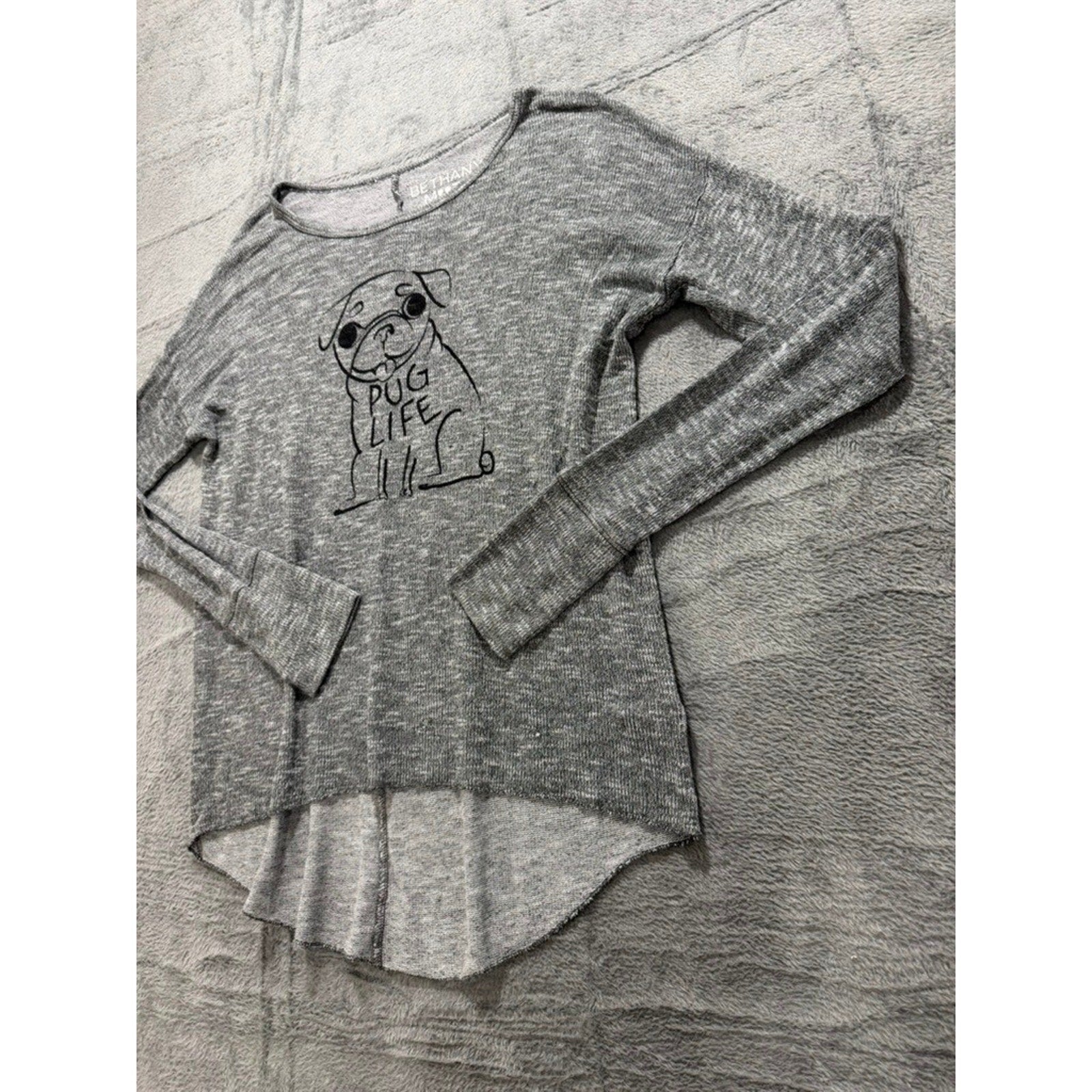 Bethany Mota Pug Life Graphic Knit Top Womens Medium Gray Casual Cute