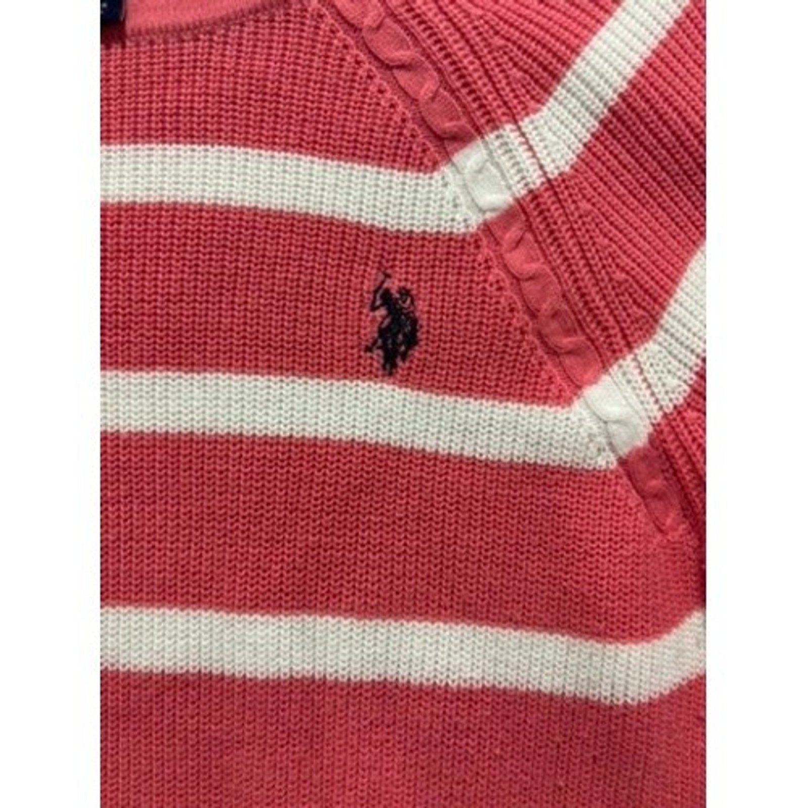 US Polo Assn Sweater Womens M Pink Stripe Knit Crewneck Logo Casual Preppy