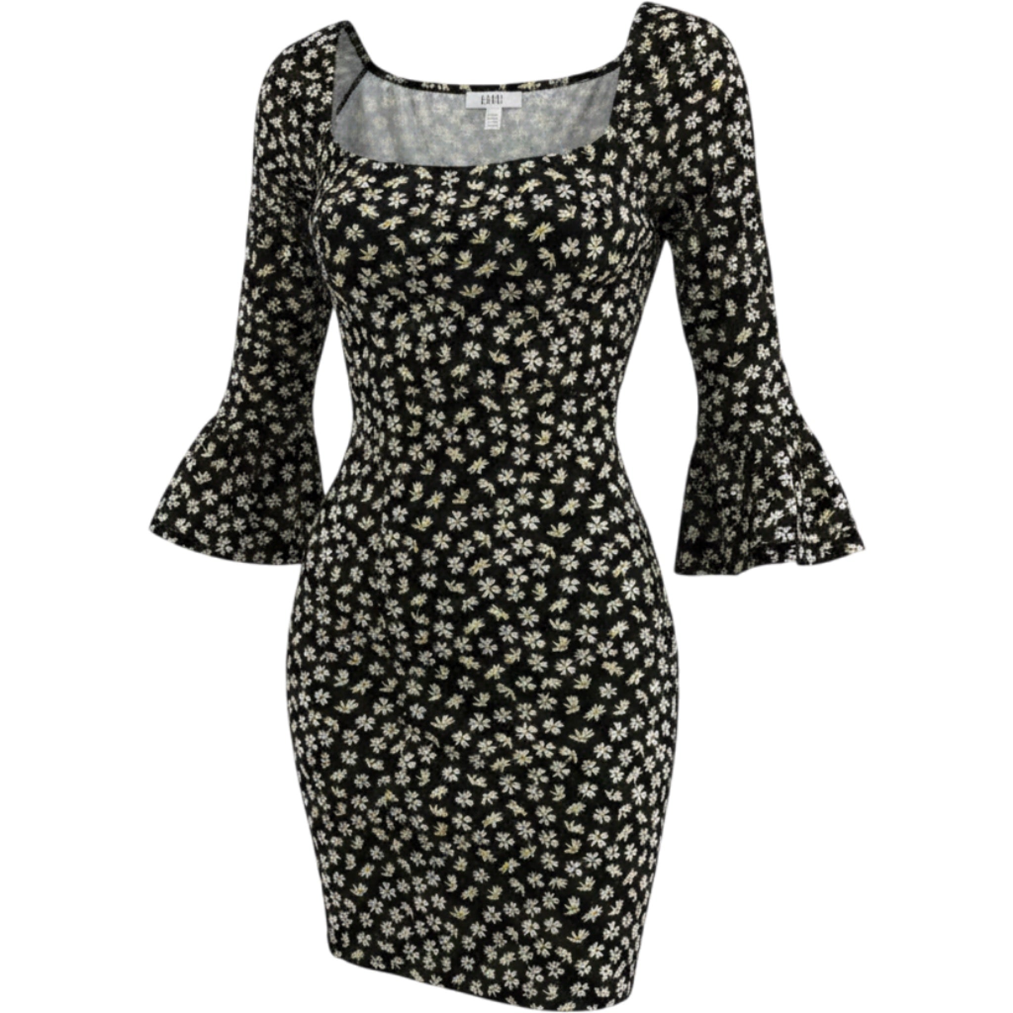 AUW Daisy Print Mini Dress M Black Floral Cottagecore Square Neck Boho y2k