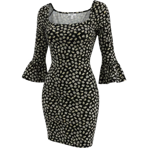 AUW Daisy Print Mini Dress M Black Floral Cottagecore Square Neck Boho y2k