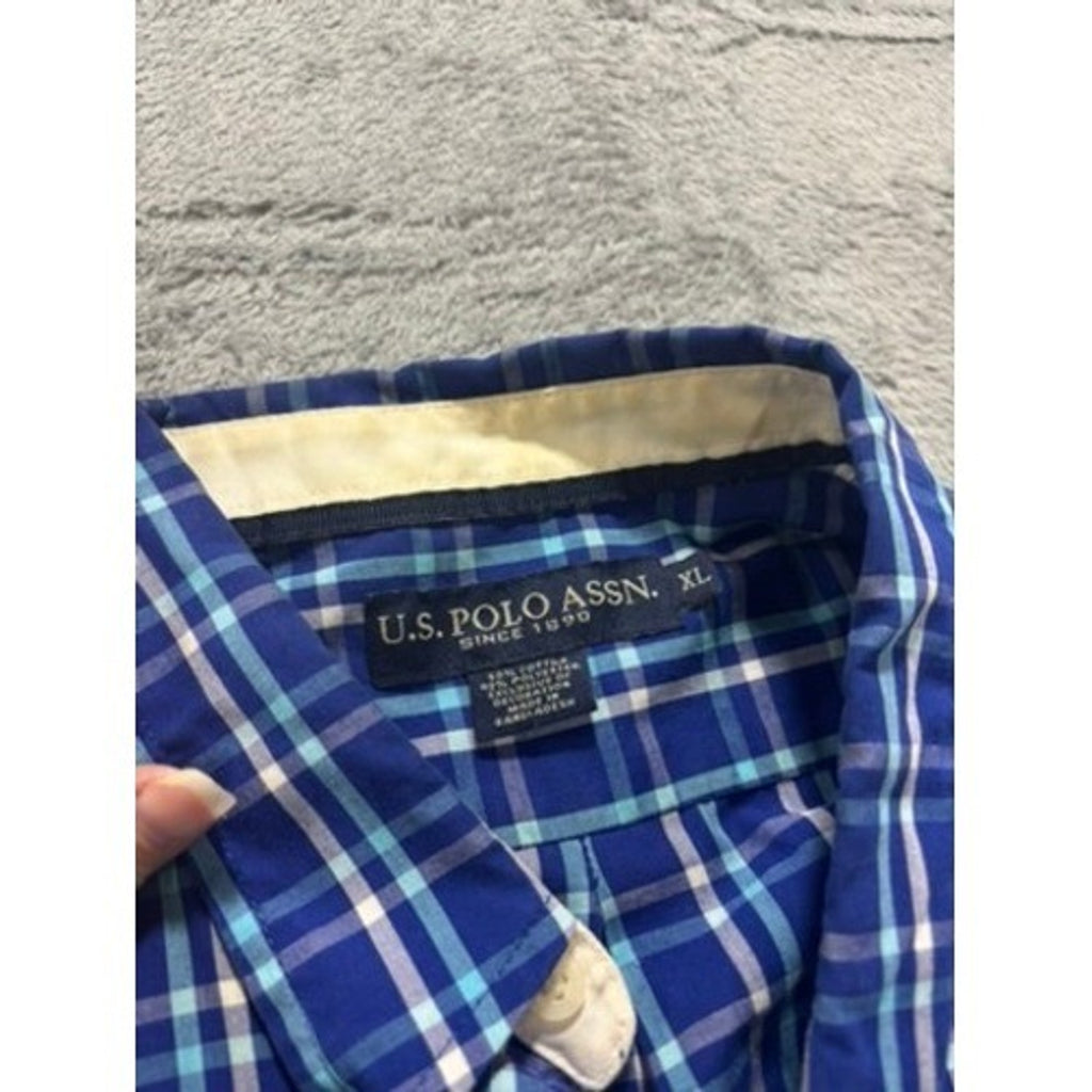 U.S. Polo Assn Shirt Mens XL Blue Plaid Short Sleeve Button Down Casual