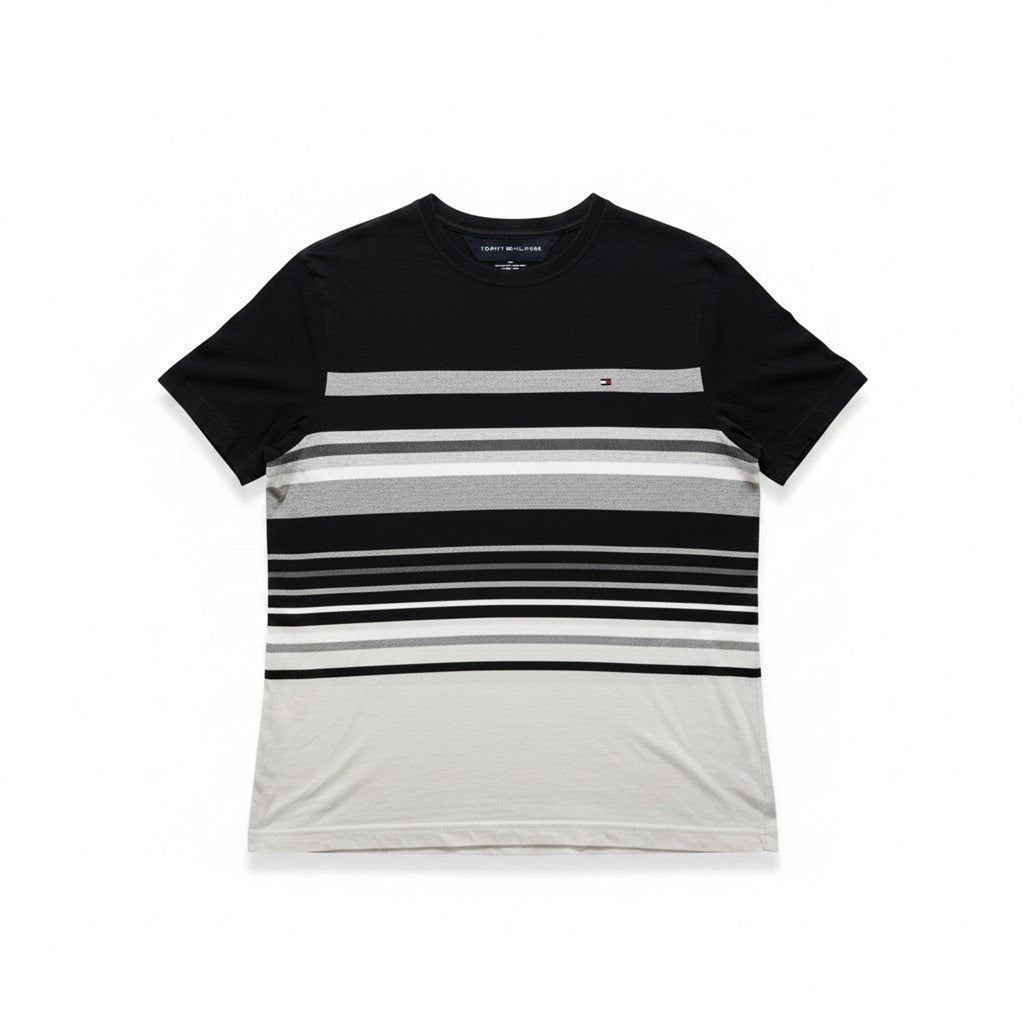 Tommy Hilfiger Womens L Black Striped Short Sleeve T-Shirt Casual Vintage