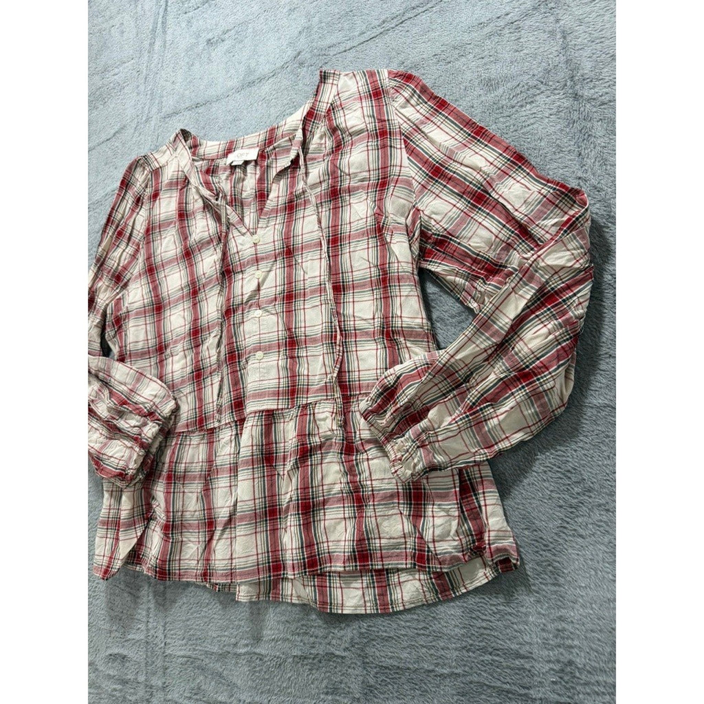 LOFT Outlet Womens Red Plaid Peplum Blouse Long Sleeve Tie Neck Rayon Top Large
