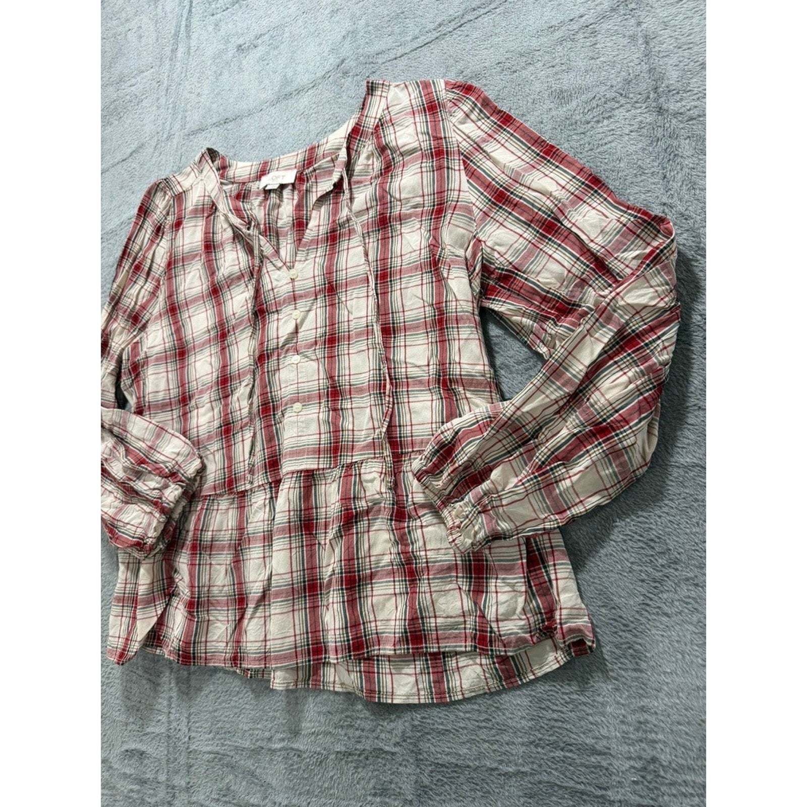 LOFT Outlet Womens Red Plaid Peplum Blouse Long Sleeve Tie Neck Rayon Top Large