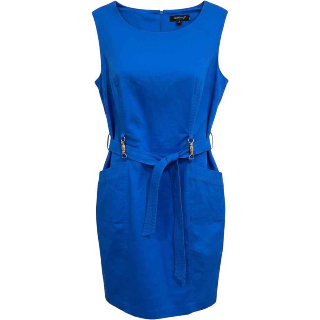 Ellen Tracy Blue Sheath Dress Belted Sleeveless Career Workwear 14 Elevated Chic