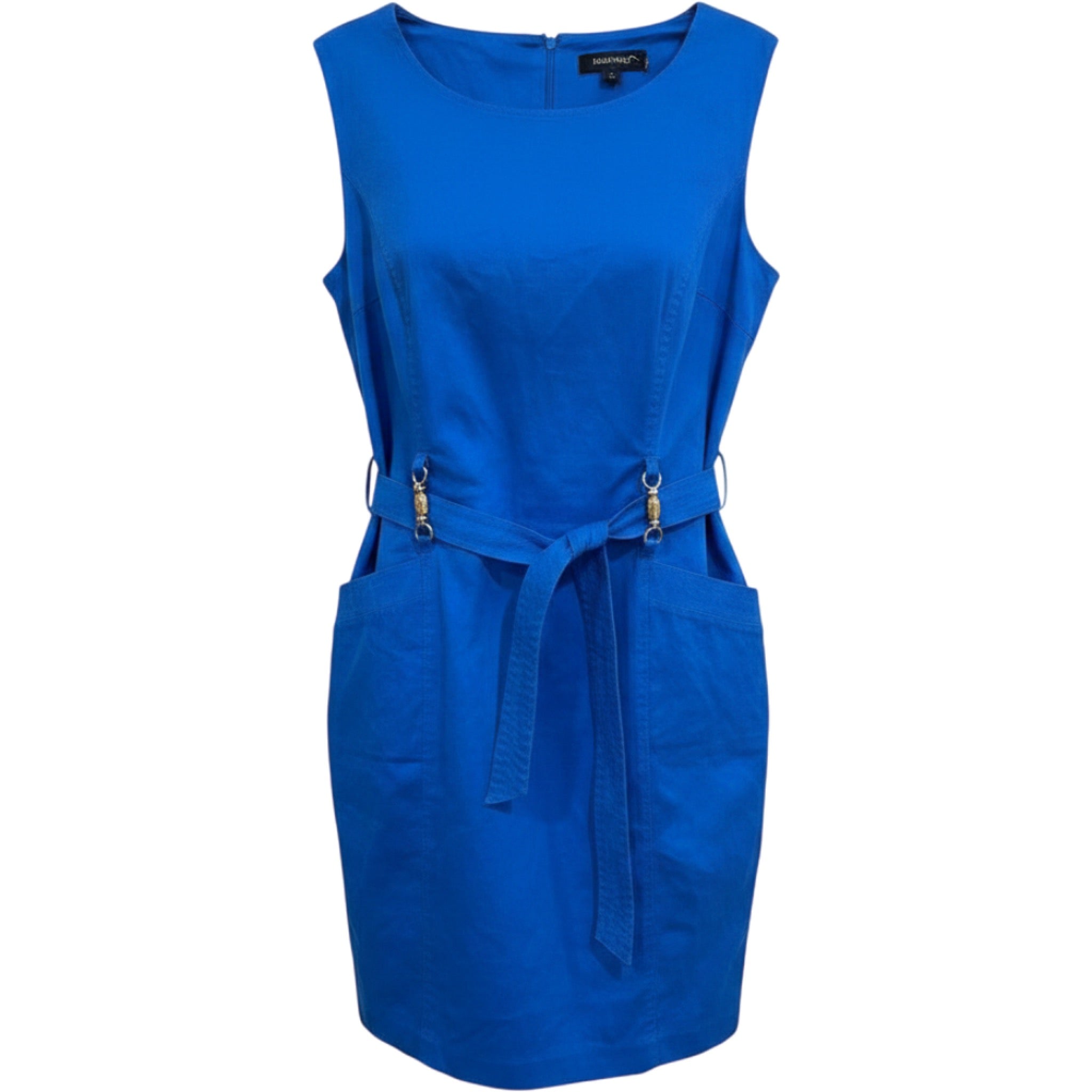 Ellen Tracy Blue Sheath Dress Belted Sleeveless Career Workwear 14 Elevated Chic