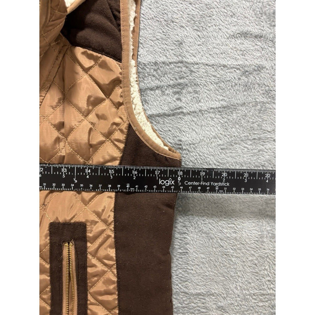 Ci Sono Quilted Vest Womens Medium Brown Hooded Sherpa Lined Zip