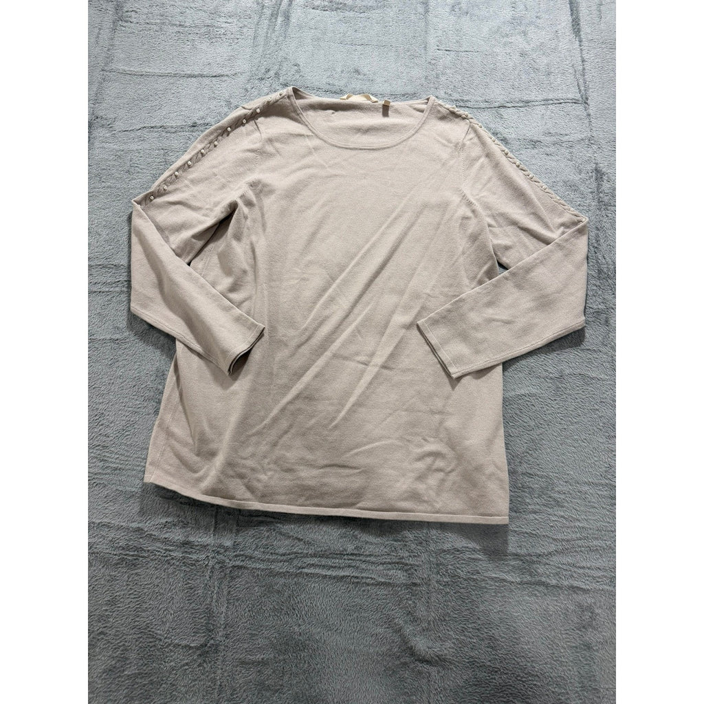 Soft Surroundings Taupe Pearl Embellished Scoop Neck Knit Sweater Top 2EU91 Mens