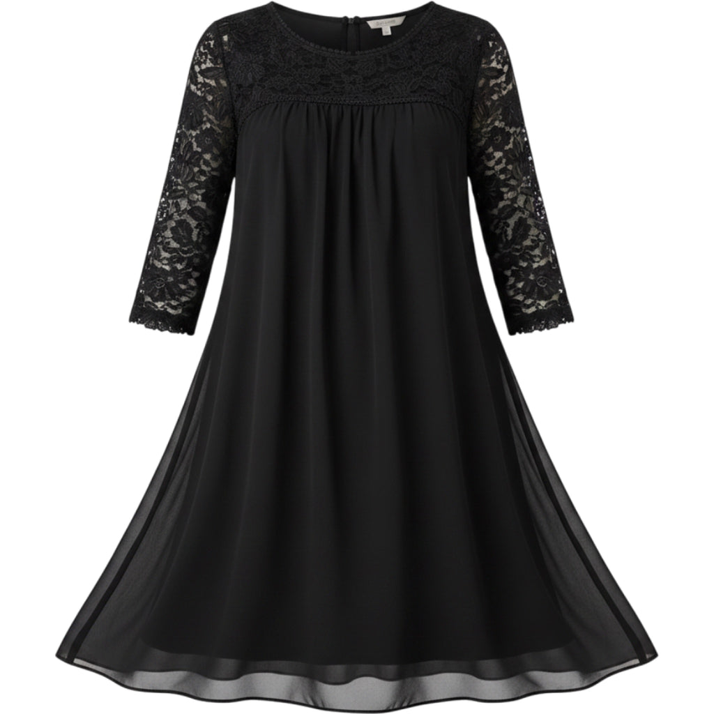 AUW Black Lace Chiffon Overlay Shift Dress Sheer Sleeve Size 10 Feminine LBD
