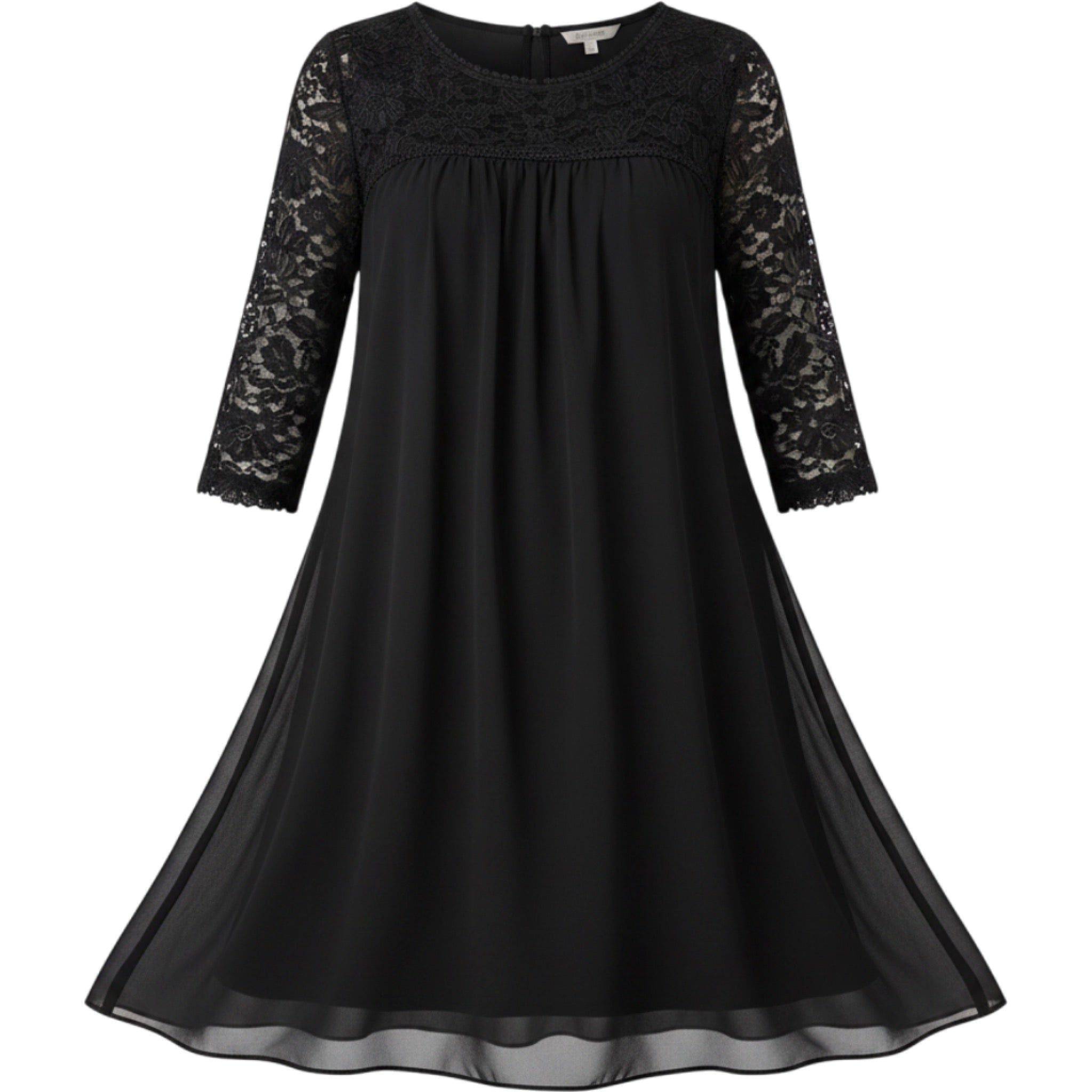 AUW Black Lace Chiffon Overlay Shift Dress Sheer Sleeve Size 10 Feminine LBD