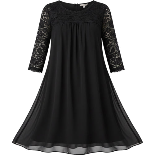 AUW Black Lace Chiffon Overlay Shift Dress Sheer Sleeve Size 10 Feminine LBD