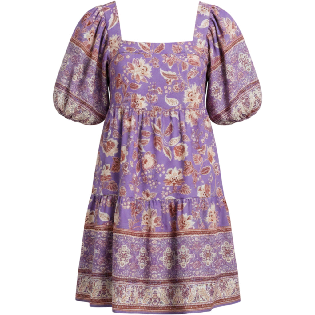 Band of the Free Floral Boho Mini Dress Womens M Purple Puff Sleeve Babydoll