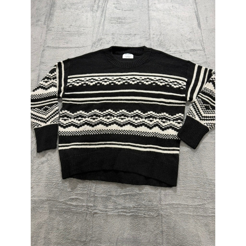 Old Navy Womens Black White Fair Isle Go-Recycled Crewneck Sweater Large Nordic