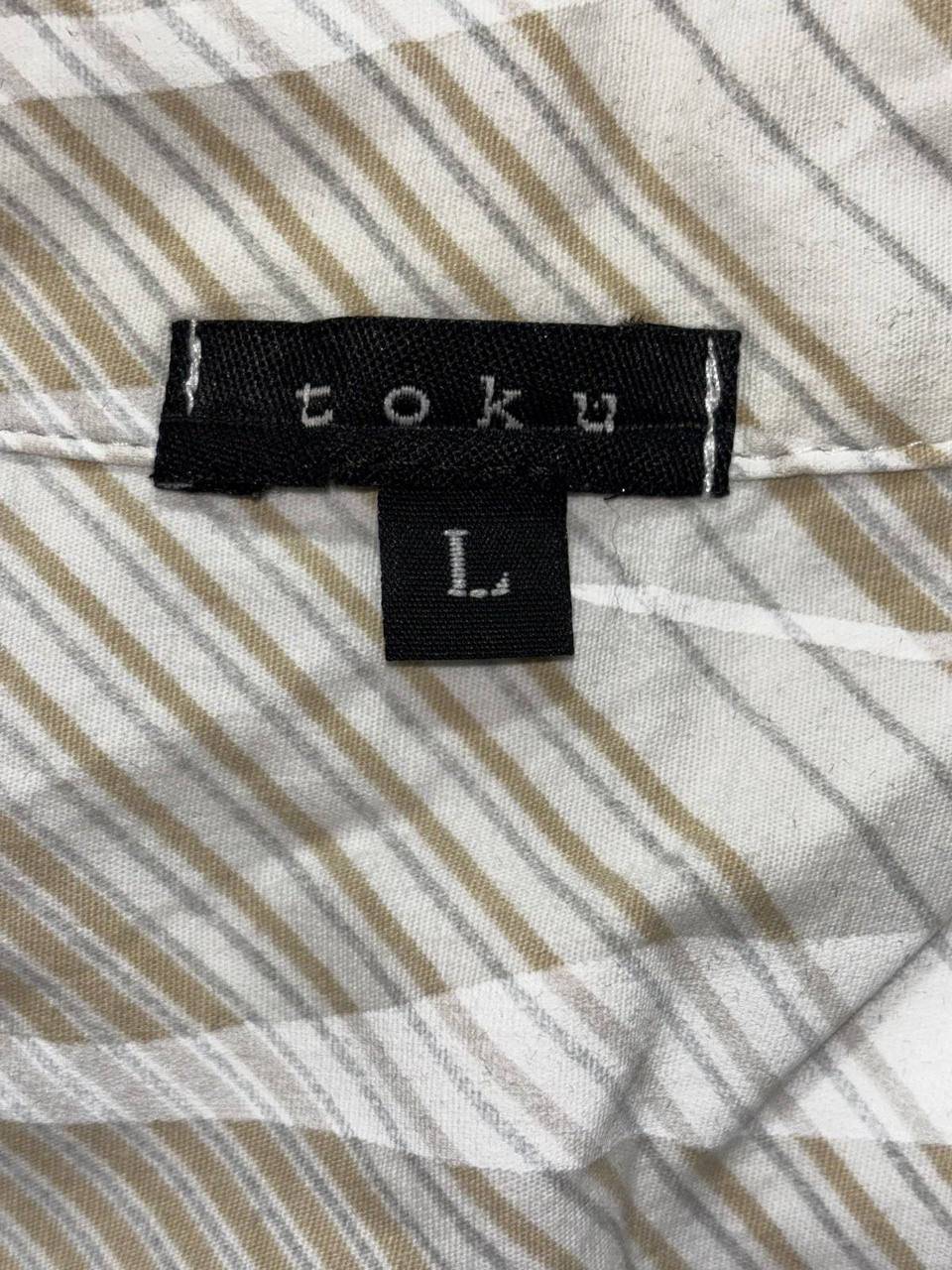 Toku Men's Tan White Print Dress Shirt Size L, photo 8 of 9