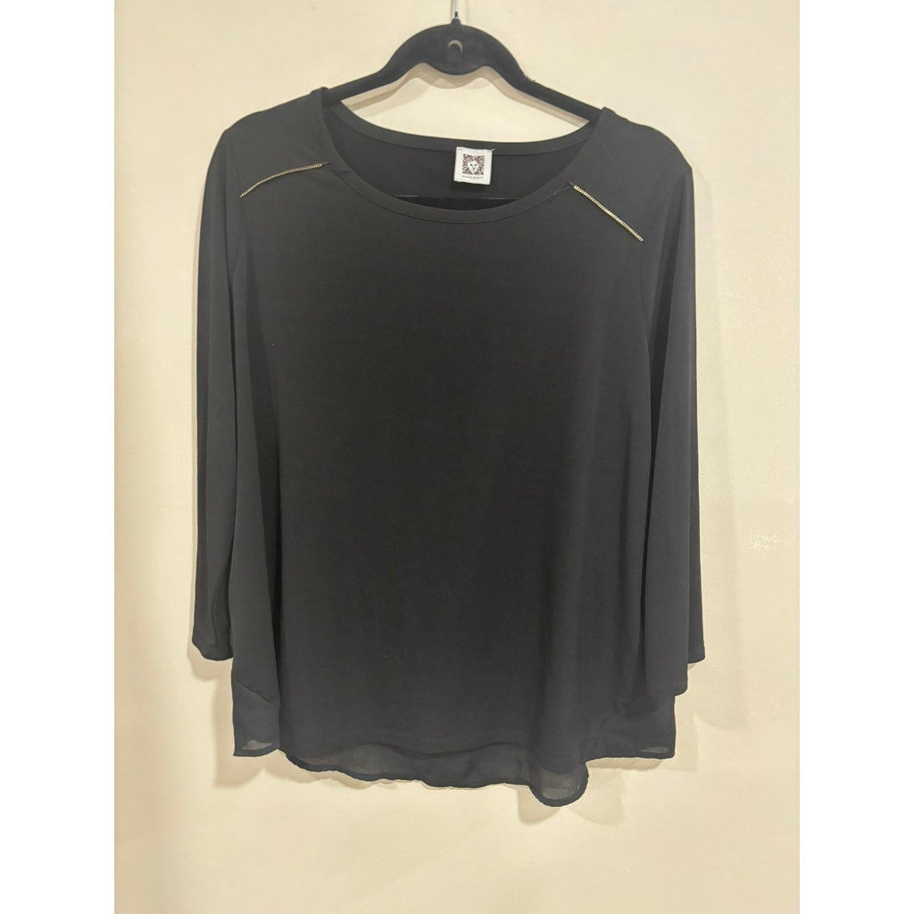 Anne Klein Black Blouse Gold Zip Shoulder Minimalist Chic Top Med Quiet Luxury