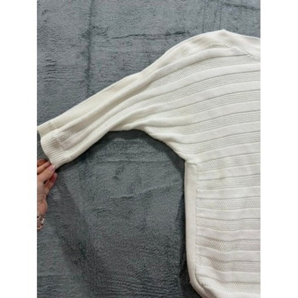 Cable Gauge Sweater Womens M Ivory Ribbed Knit Lightweight Curved Hem Casual