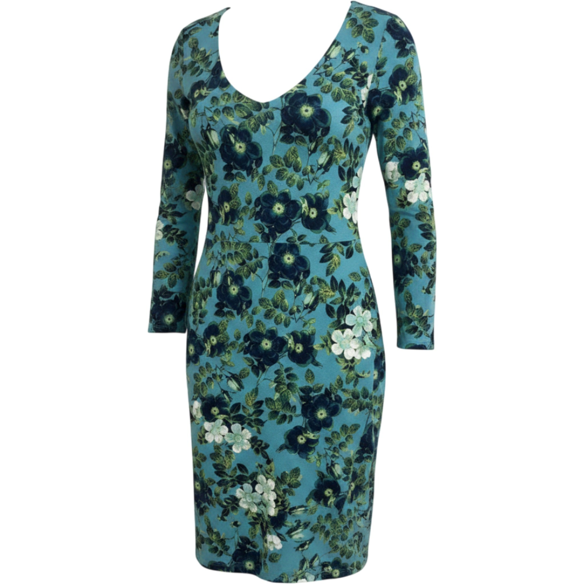 J. Jill Wearever M Teal Floral V Neck Midi Dress 3/4 Sleeve Stretch Knit Boho
