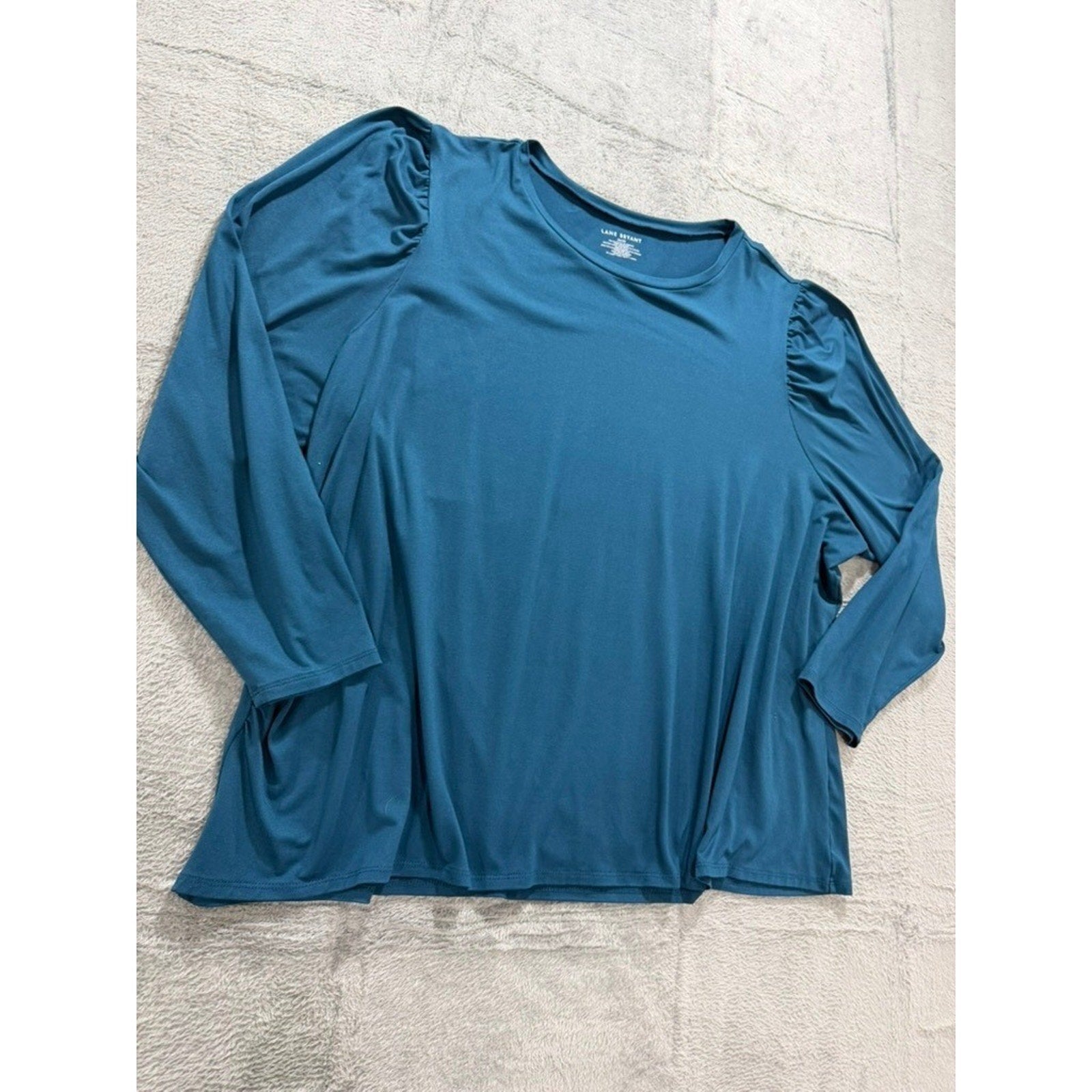 Lane Bryant Teal Blue Puff Shoulder Long Sleeve Top Plus Size 26/28 Round Neck
