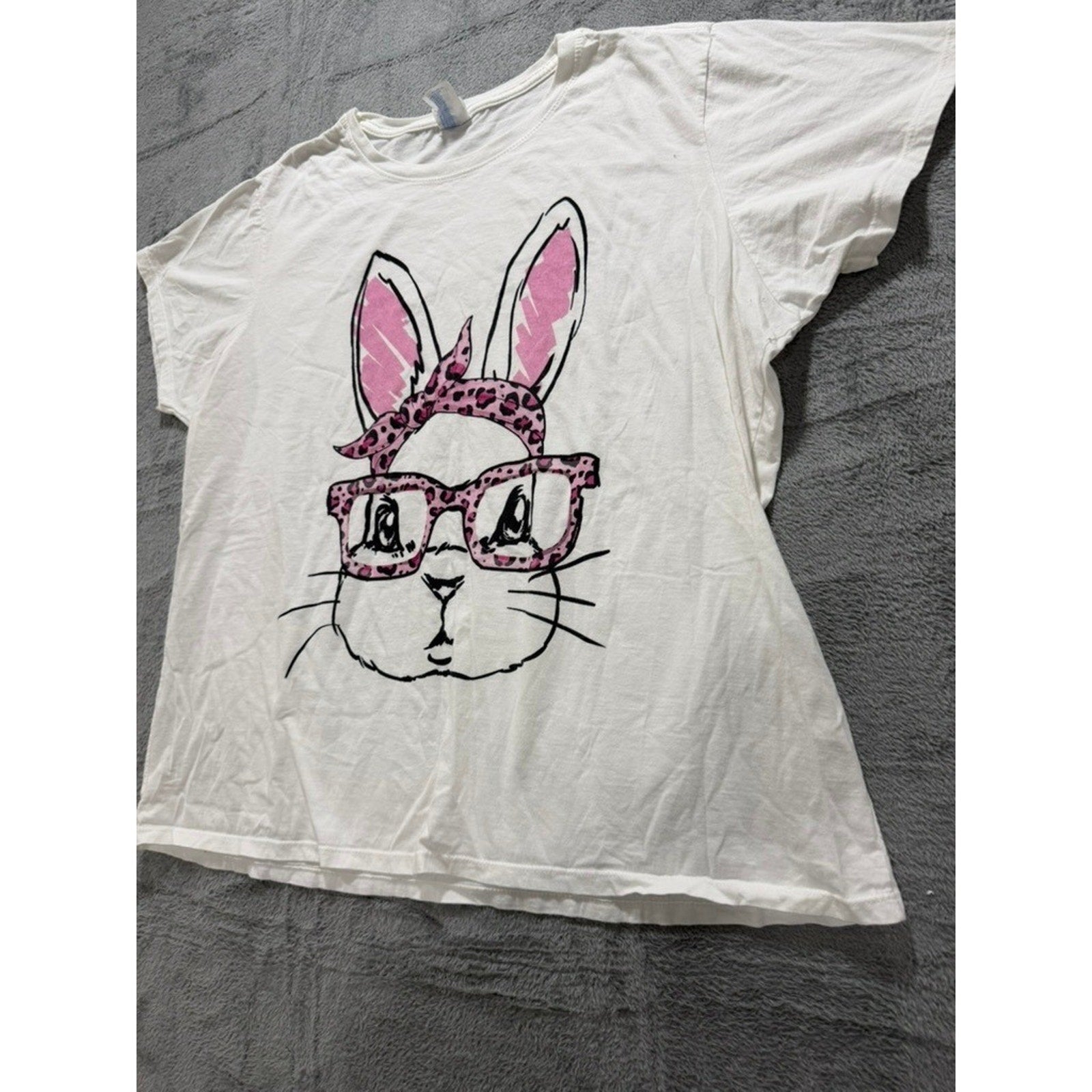 Port & Company White Bunny Leopard Glasses Graphic T-Shirt Womens 3XL Quirky