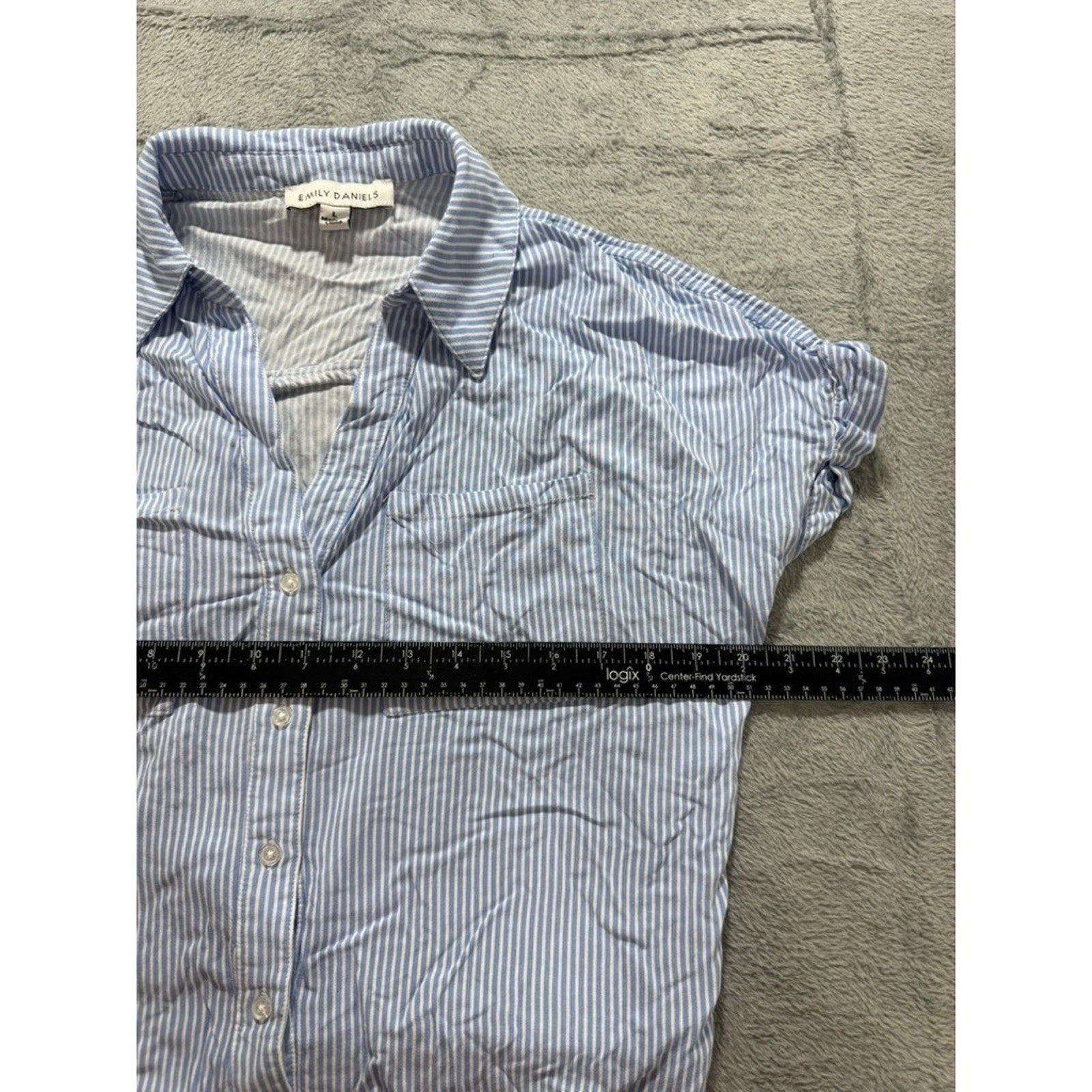 Emily Daniels Button Up Top Womens L Blue White Stripe Tie Front Casual
