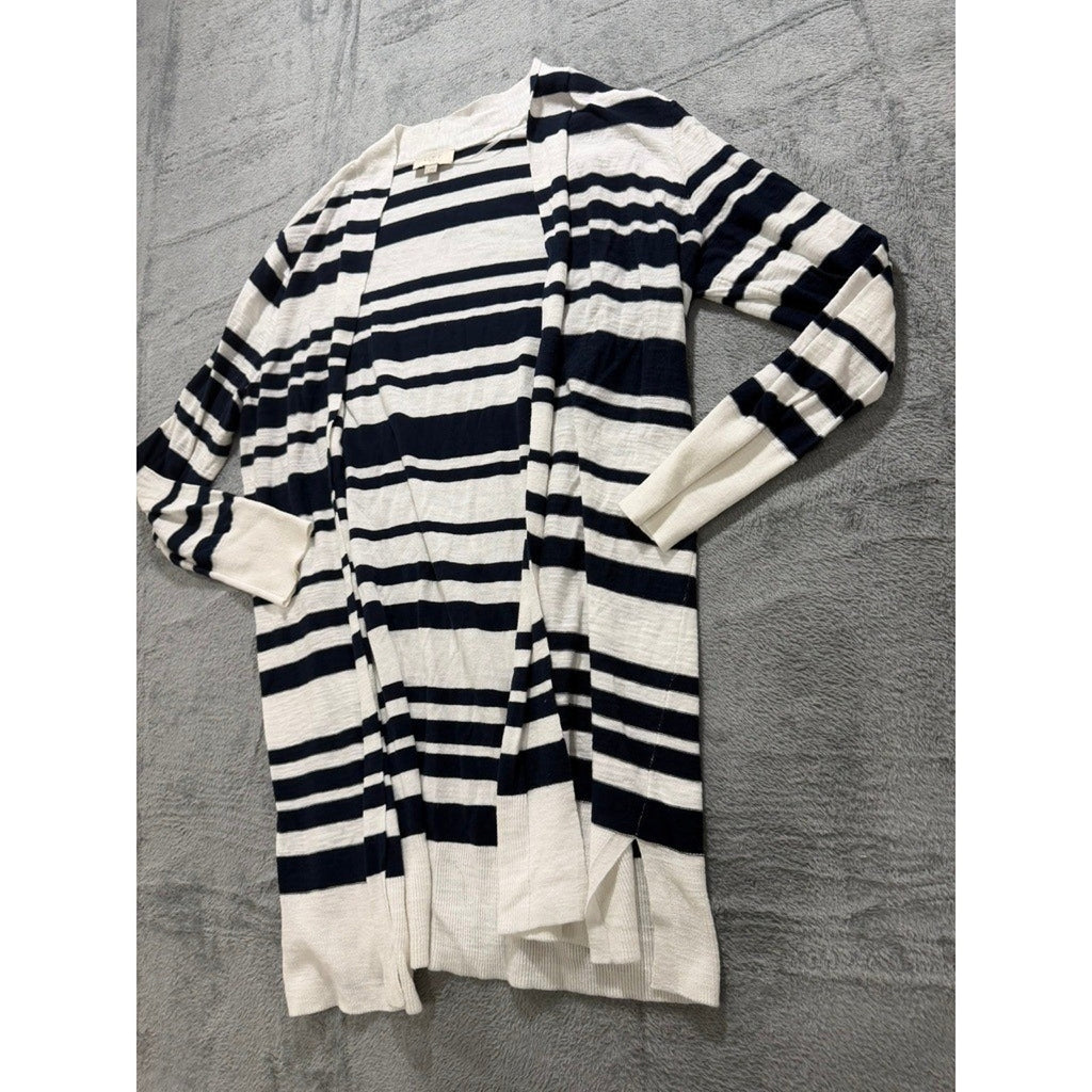 Loft Outlet Striped Cardigan Women L Navy White Open Front Coastal Preppy Career