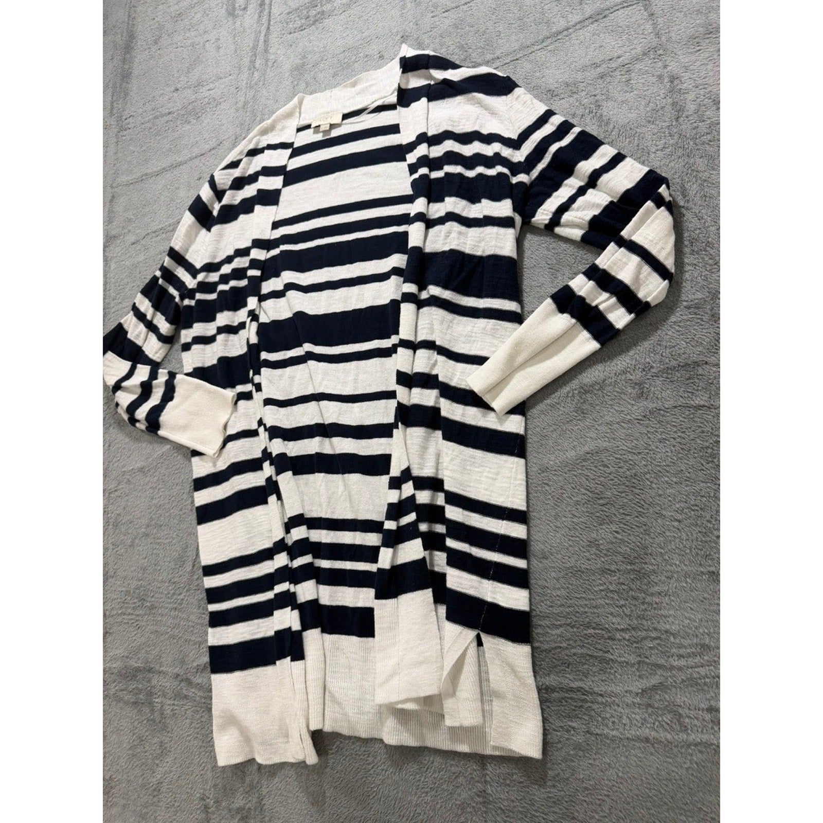 Loft Outlet Striped Cardigan Women L Navy White Open Front Coastal Preppy Career