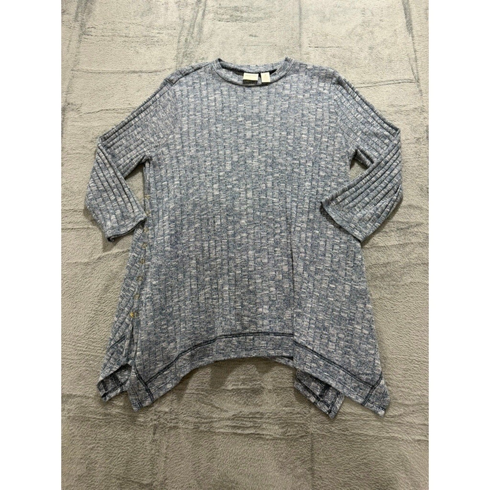 Chicos Top Womens 2 Blue Marled Knit Tunic Asymmetrical Hem Button Side