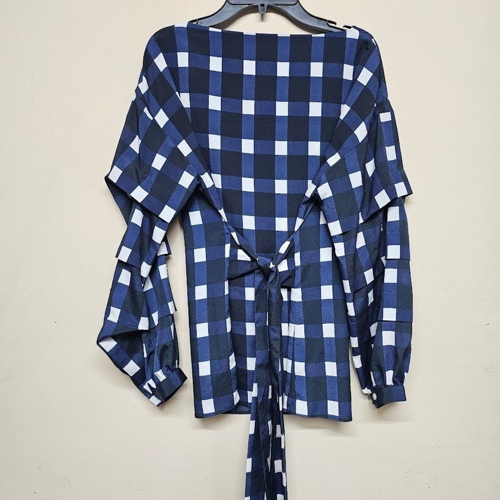 Banana Republic XS Ruffle Sleeve Navy Check Plaid Tie Back Blouse Top
