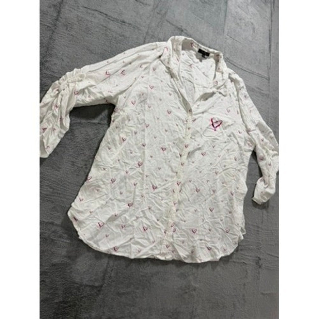 Velvet Heart Womens 3X White Pink Heart Print Roll Tab Sleeve Button Up Shirt