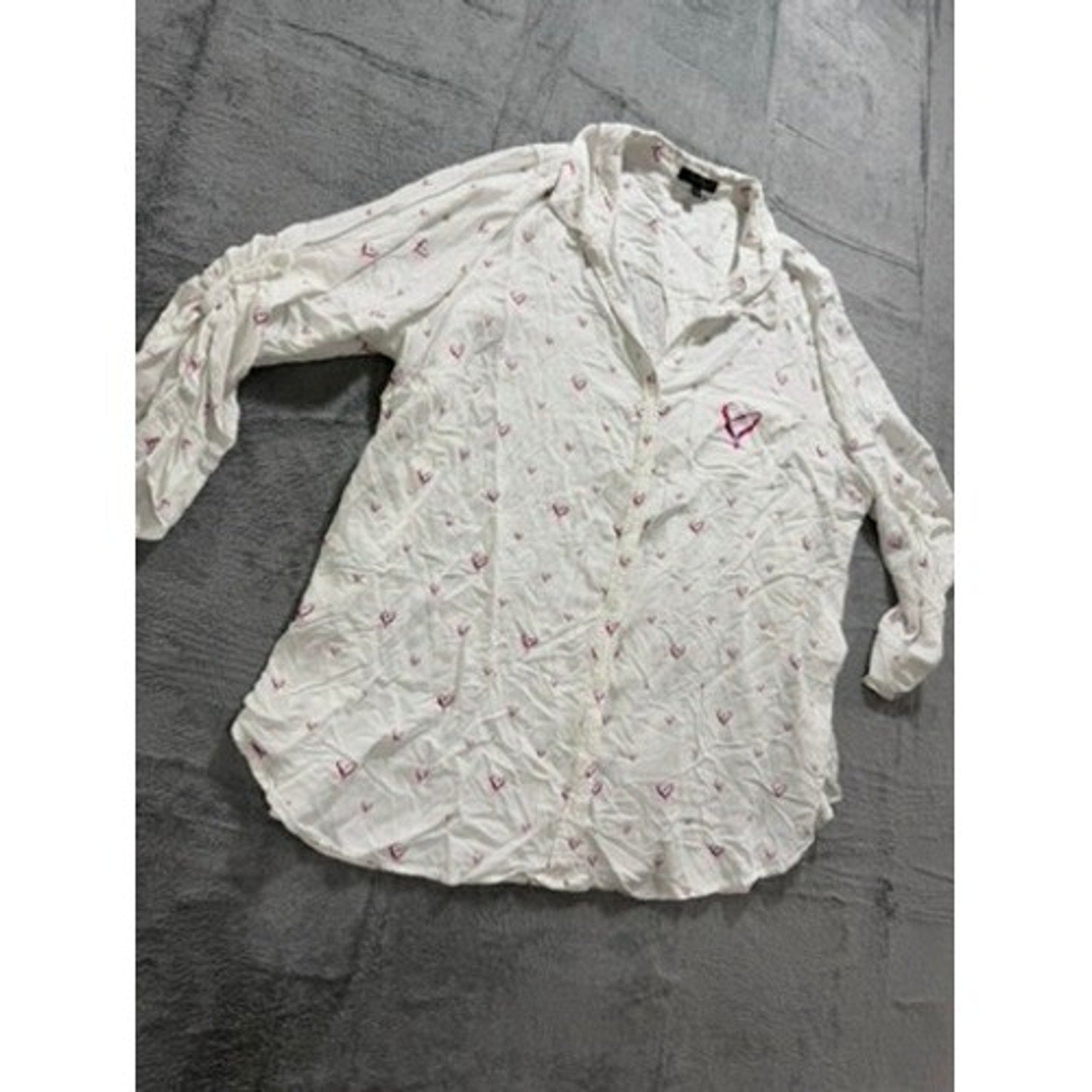 Velvet Heart Womens 3X White Pink Heart Print Roll Tab Sleeve Button Up Shirt