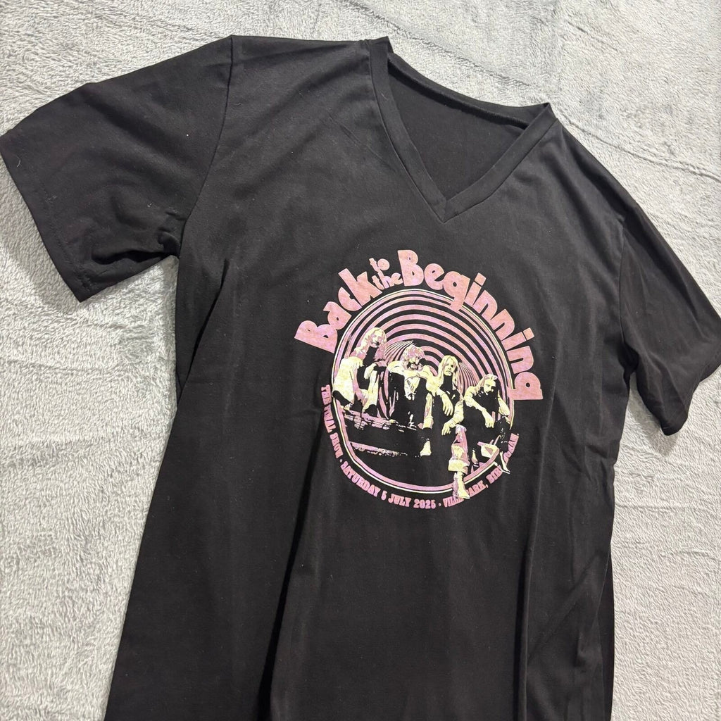 Women L Black Back to the Beginning Concert Graphic V-Neck T-Shirt Vintage Style