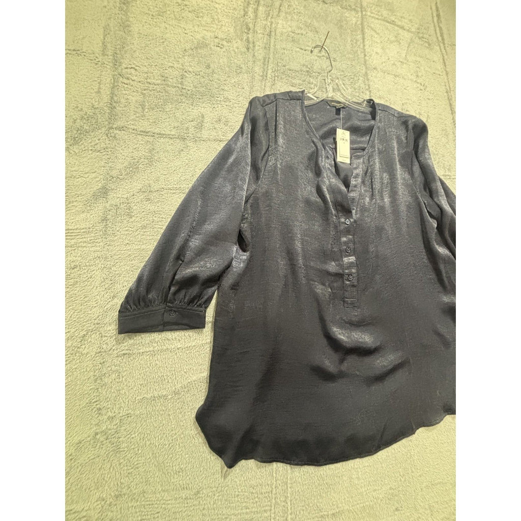 Banana Republic Womens XL Navy Blue Henley Blouse Satin 3/4 Sleeve Work Classic