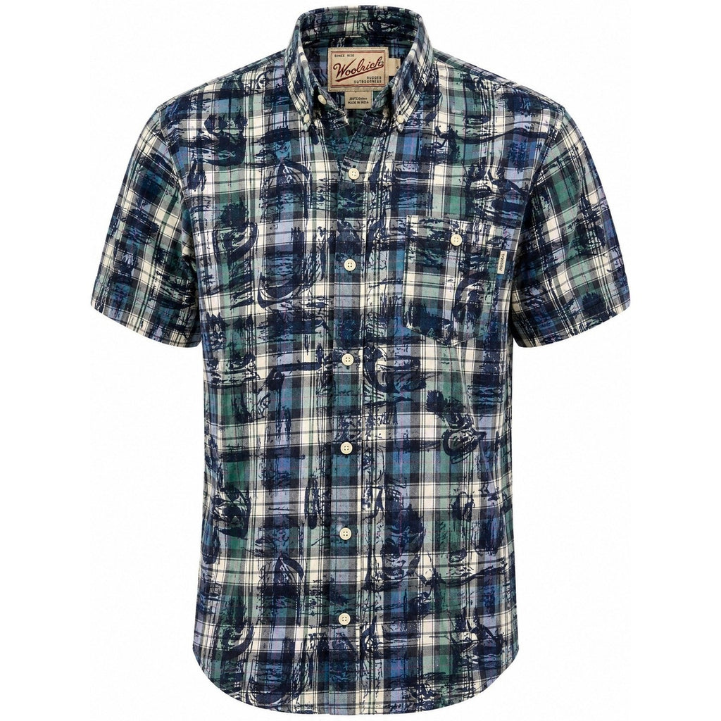 Woolrich Mens Large Blue Green Plaid Fishing Graphic Short Sleeve Button Shirt
