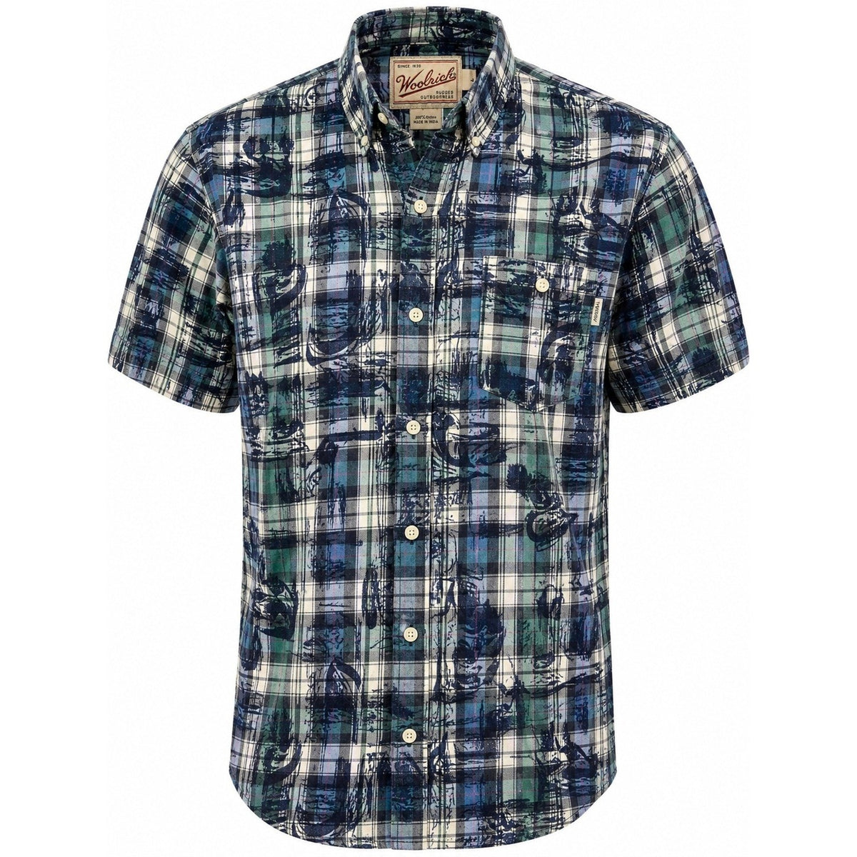 Woolrich Mens Large Blue Green Plaid Fishing Graphic Short Sleeve Button Shirt