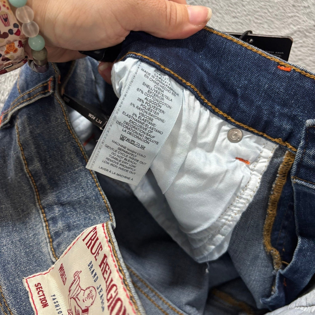 True Religion Ricky Mens 34x34 Blue Relaxed Straight Jeans Flap Pocket Denim Y2K