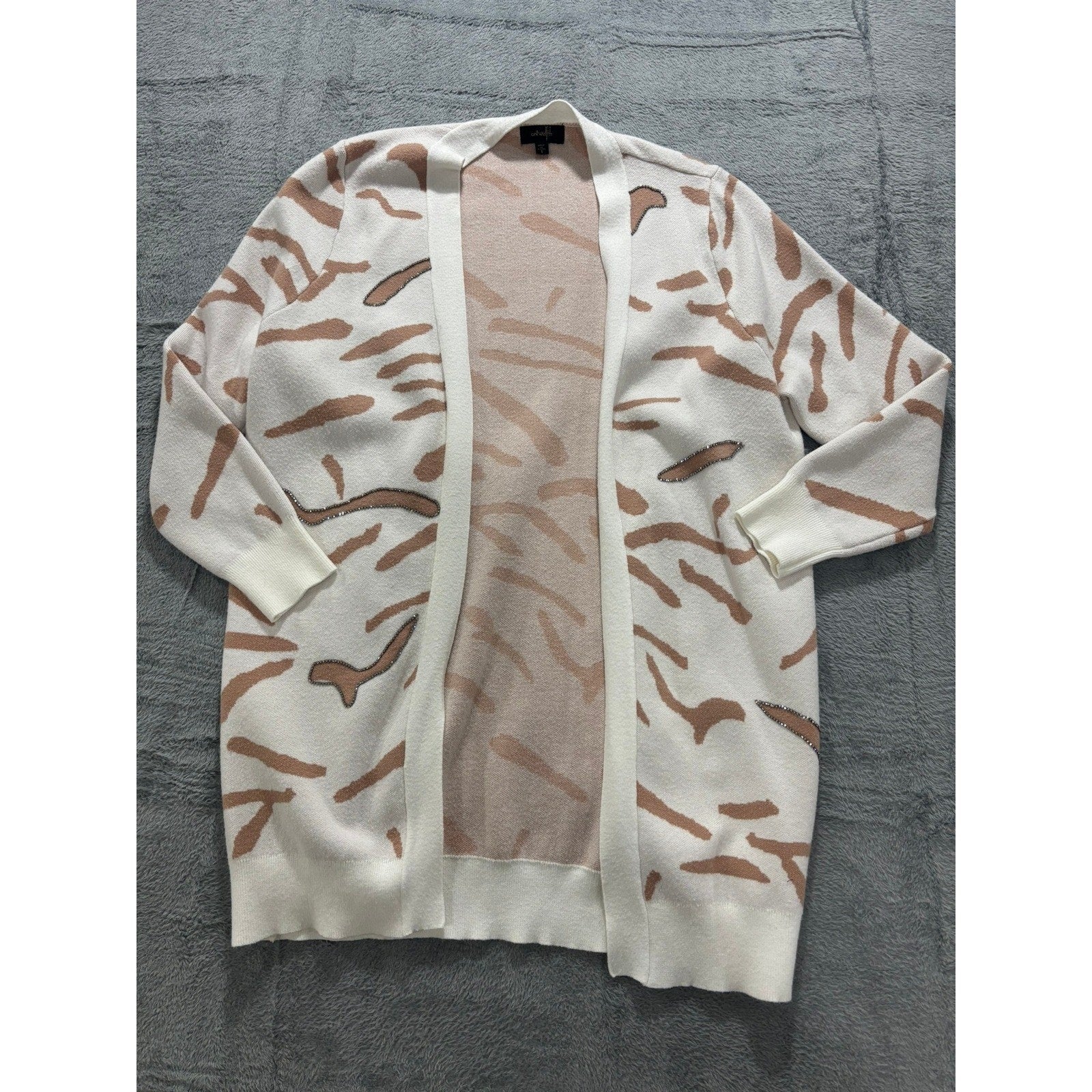 Ontwelfth Cardigan Womens Small Open Front Animal Print Cream Beige Knit
