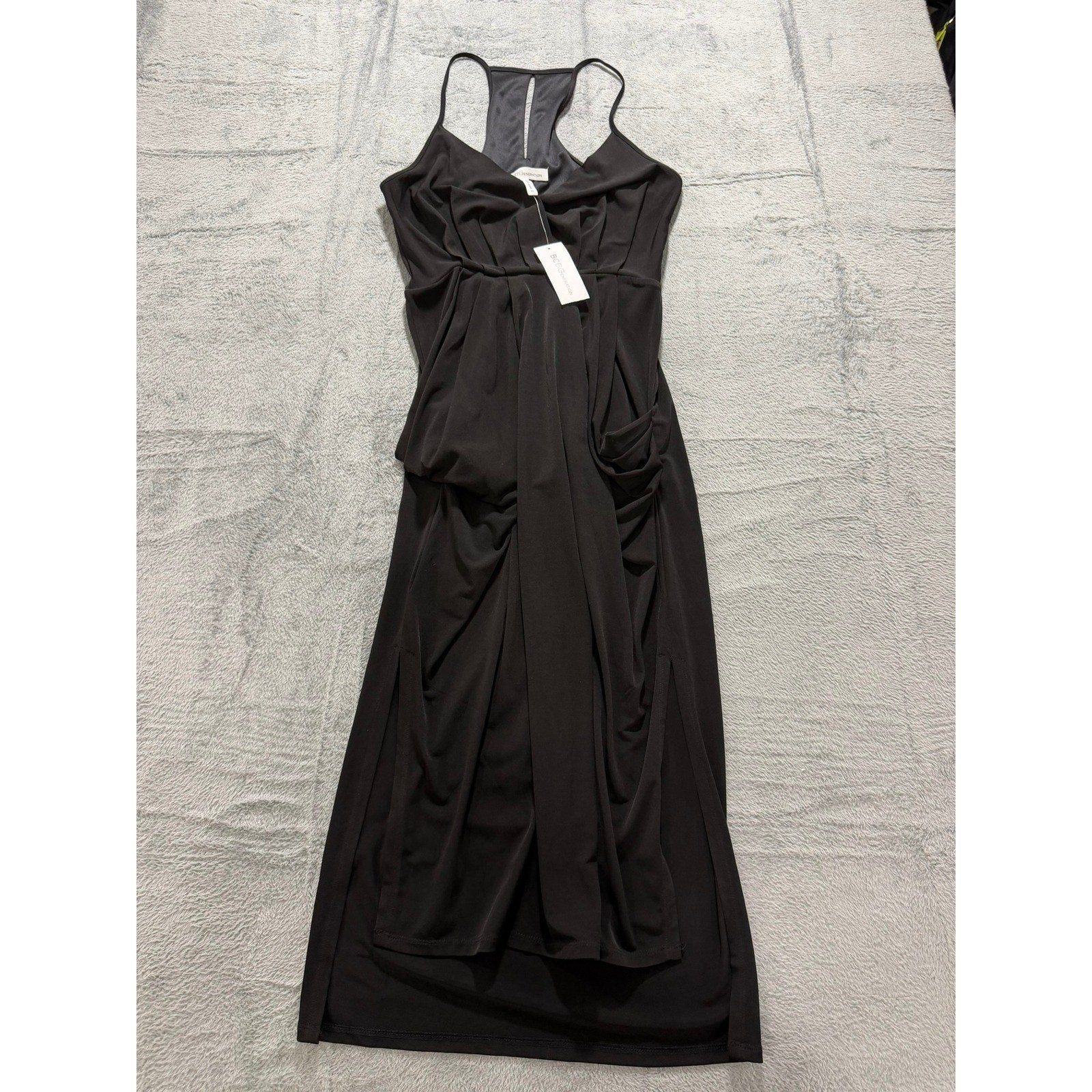 BCBGeneration Black Draped Racerback Midi Dress NWT XS Sleeveless Surplice LBD